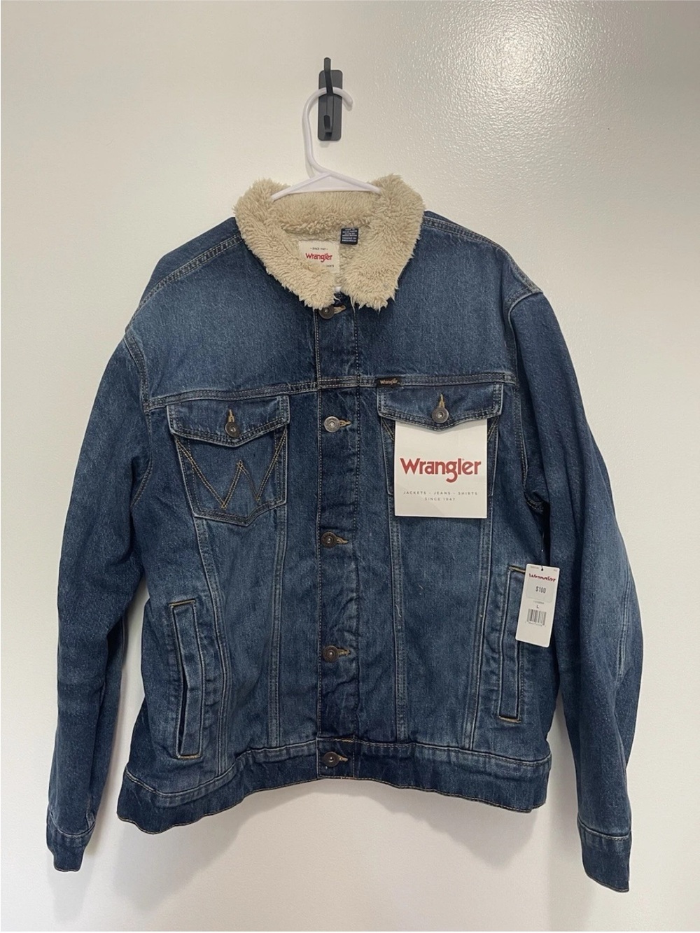 Wrangler Denim Jacket with Cream Sherpa Collar - Dark Blue